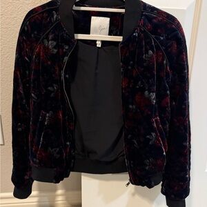 Joie Velvet Bomber Jacket - Navy Blue, Purple, and Red Floral